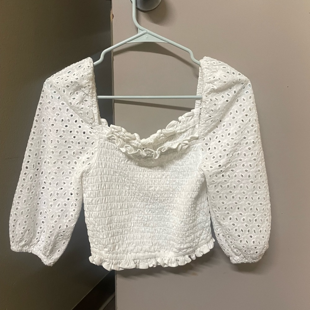 Violet Romance shirred crop top with broderie sleeves in white